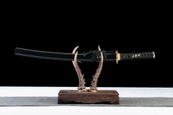 Leque Negro Dourado - Wakizashi Forjada a Mao em Aco carbono 1065